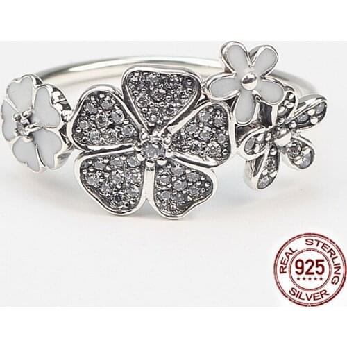 100% 925 Sterling Silver Shimmering Bouquet ring, s925 silver White Enamel & Clear CZ Flower Finger Rings for Women Wedding Gift