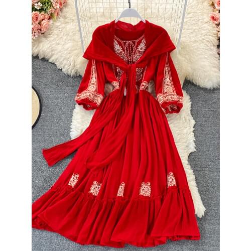 Bohemian White/Yellow/Red Embroidered Dress Women Scarf Collar Puff Long Sleeve Elegant High Waist Vestidos 2021 Female Robe New