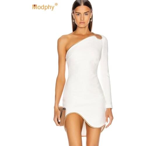 2020 Autumn New Womens Sexy White One Shoulder Long Sleeve Bodycon Bandage Dress Celebrity Runway Evening Party Dress Vestidos