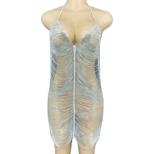 Sparkling Rhinestone Chain Hollow Out Women Dress Halter Sleeveless Short Dress DJ Singer Dance Stage Wear Nightclub Outfit