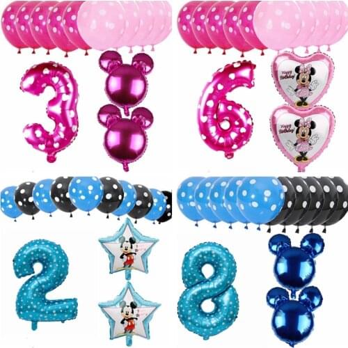 13pcs Cartoon Mickey Minnie Mouse Foil 12'' Dot Balloons Set Number Air Globos Kids Birthday Party Decor Children Classic Toys