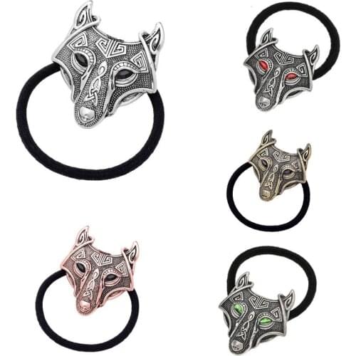 2018 Fashion Head Jewelry Norse Vikings Accessories Crystal Wolf Head Black Elastic Hair Rubber Bands Animal Hair Rope Women