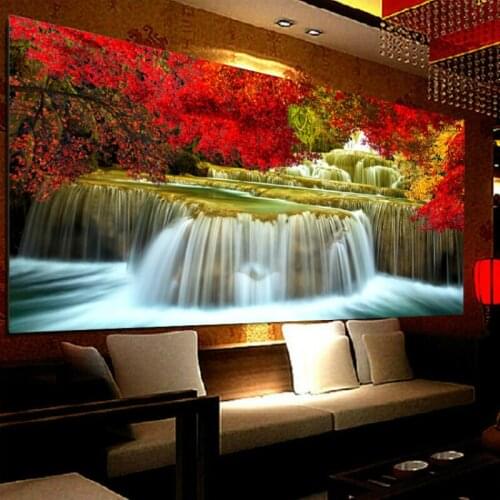 Diamond Embroidery Mosaic Painting Cross Stitch Full Flowing Water Generates Wealth Red Maple Trees DIY 5D/3D Decoration Gift