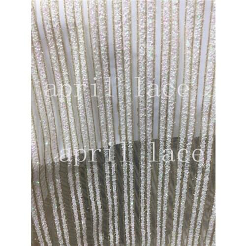 Ap2052 # 5 yards cream double stripe romantic hand print glued glitter net tulle mesh sugar lace fabric for sawing dress