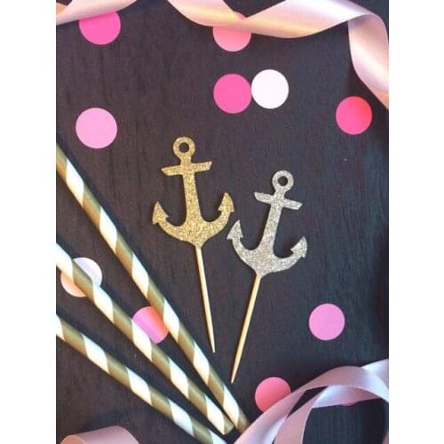 Glittery Anchor Cupcake Toppers Nautical wedding decor for birthday parties, bridal shower, baby showers party food picks