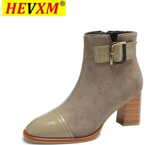 2021 Round Head Thick Heel Pu Stitching Matte Suede Mid-calf Boots Zipper Belt Buckle Brown Short Shoes Black High Heel Boots