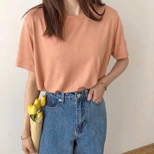 2020 Cotton Blend Summer Shirts O-Neck Sequins Short Sleeve T Shirt Harajuku Casual Tops For Women Black Tees