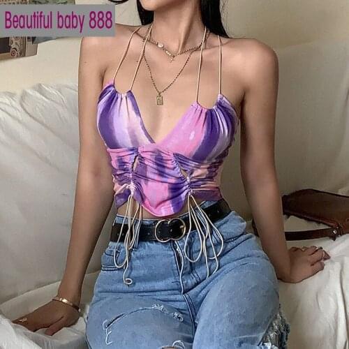 Meqeiss summer sexy low cut Graphics tees tassel crop tops women camisole casual club street wear tank top sweet vest female