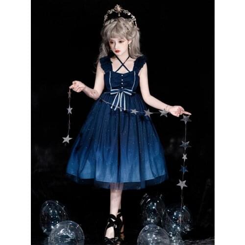 Sweet Girls Lolita JSK Dress Gradient Blue Cute Women Sleeveless Bow Chiffon Ruffles High Waist Birthday Party Summer Starry Sea
