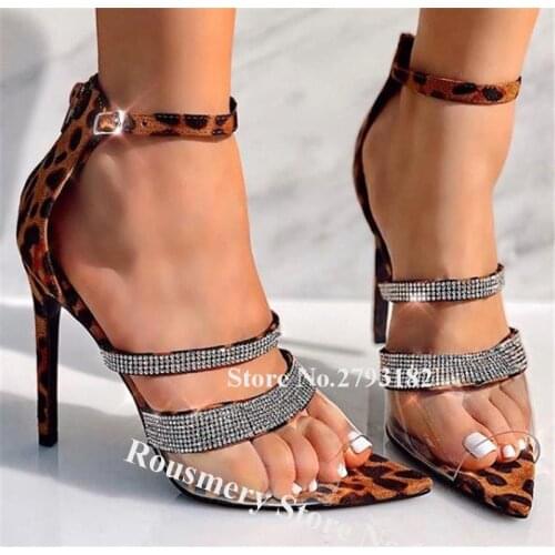 Western Fashion Pointed Open Toe PVC Patchwork Rhinestone Straps Stiletto Heel Pumps Leopard Transparent High Heels Wedding Heel