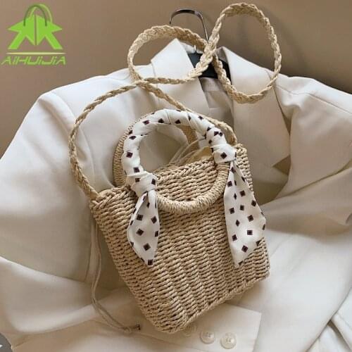 Fashion Ribbon Design Rattan Women Shoulder Bags Bohemia Woven Female Handbags 2021 Summer Beach Straw Bag Messenger Bucket Bag
