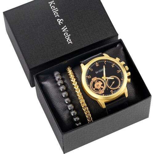 High End Gold Watch Bracelet Set Men Luxury Leather Wristwatch Quartz Digital Dial Male Elasticity Bangles Gift Box for Husband