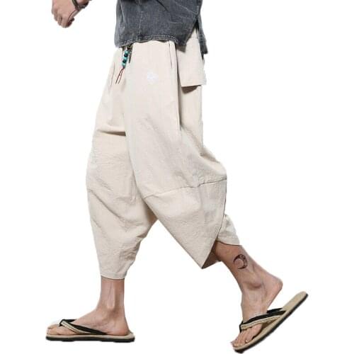 2019 Men Crotch Harem Pants Mens Summer Baggy Cotton Trousers Male Wild-leg Loose Linen Calf-Length Pants Crotc Bloomers Pants