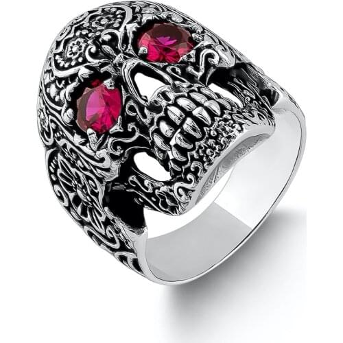 Men Silver Ruby Gemstone Ring Skull Model Men Ring Fashion Ring Signet Ring Solid 925 Sterling Silver