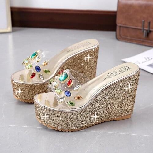 New Women Slides 11cm High Heels Mules Summer Female Sandals Lady Platform Wedges Heels Slippers Glitter Sequins Party Shoes