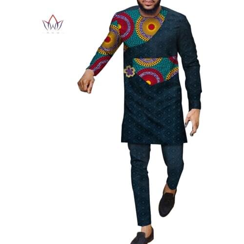 Autumn African Mens Pant Set Traditional Top and Trousers Set Dashiki African Wax Print Clothing Plus Size Pant Suits WYN983
