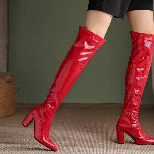 ZawsThia Patent PU Leather Sexy Stripper Heels Booties Block High Heels Overknees Big Size 44 45 46 Women Over-The-Knee Boots