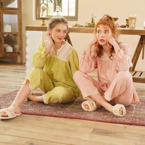 Pajama Lady Spring Cotton Lady Long Sleeve Suit With Casual Lace V Collar Lovely Court Cotton Sleepwear Lounge Intimate Lingerie