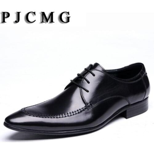 PJCMG Brand luxury Genuine Leather Men Italy Lace-up Top Quality Business Moccasins Dress Black Wedding Office Shoes