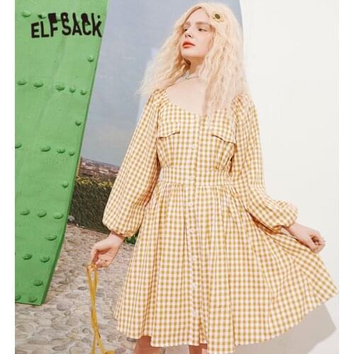 ELFSACK Plaid British High Waist Casual Vintage Dresses Women,2021 Summer Stylish Lantern Sleeve Princess Ladies Party Dress