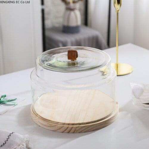 European-style Household Fruit Cake Tray with Glass Cover Shelf Set Wooden Pizza Afternoon Tea Candy Dessert Tray Tableware
