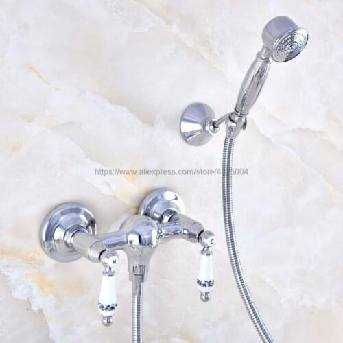 Polished Chrome Bathroom Faucet Mixer Tap Wall Mounted Hand Held Shower Head Kit Shower Faucet Sets Nna784