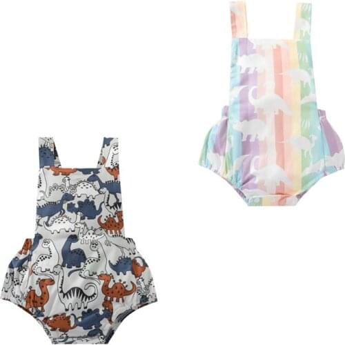 Baby Boy Girl Casual Romper, Grey Dinosaur Printed Pattern Sleeveless Square Collar Suspender Bodysuit, 0-24 Months