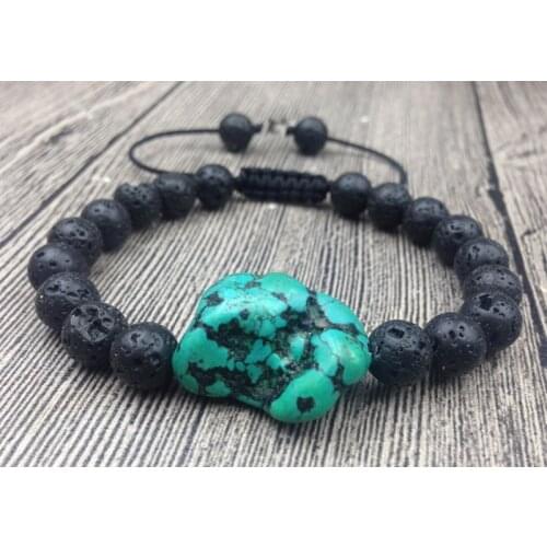 YA2874 Natural Turquoises Stone 8mm Black Lava Beads Knot Adjustable Bracelet