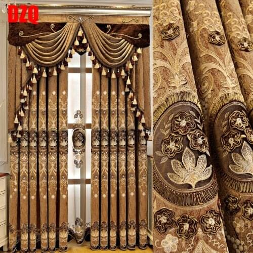 European Style Curtains for Living Dining Room Bedroom Coffee Color Chenille Villa Embroidered Valance Curtains