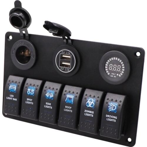 Marine Boat Rocker Switch Panel 4.2A Dual USB Socket Digital Voltmeter 12V Cigarette Lighter Socket 6 Gang Rocker Switch Panel