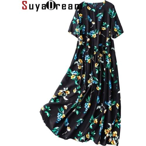 SuyaDream Woman Maxi Dress 100%Silk Crepe A line O neck Floral Printed Dresses 2021 Spring Summer Long Dresses Black