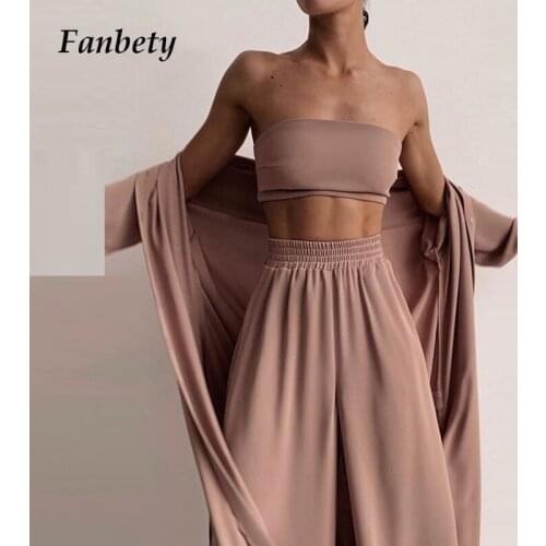 Fashion Strapless Wrap Tops And Wide Leg Pants Sexy 3 Piece Set Elegant New Women Tracksuit Spring Soft Homewear Solid Suits 2XL