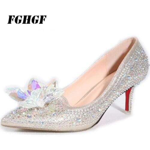 34-45 size hot style Cinderella stylish wedding womens shoes pointed single shoes shallow mouth water drill bridesmaid shoes