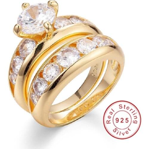 Ladys Round 3ct Simulated Diamond Rings Set 2-in-1 925 silver Wedding Anniversary Ring for Women 18K yellow gold Plated jewelry