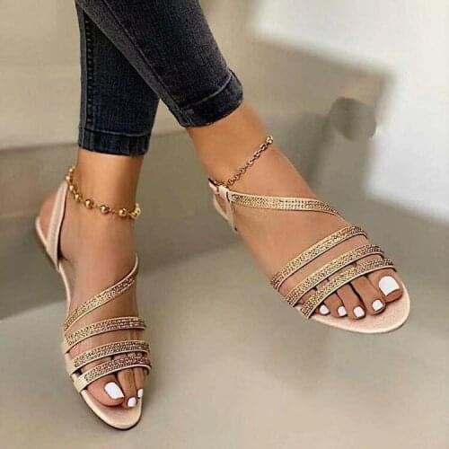 Womens Sandals New Casual Ladies Flat Shoes Rhinestones Bling Summer Comfort Cross Slip on Woman Sandalias Pantuflas Mujer 2021