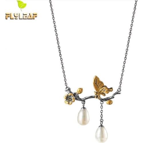 925 Sterling Silver Branch Butterfly Pearl Necklace Women Ethnic Style Handmade Lady Student Party Fine Jewelry Flyleaf