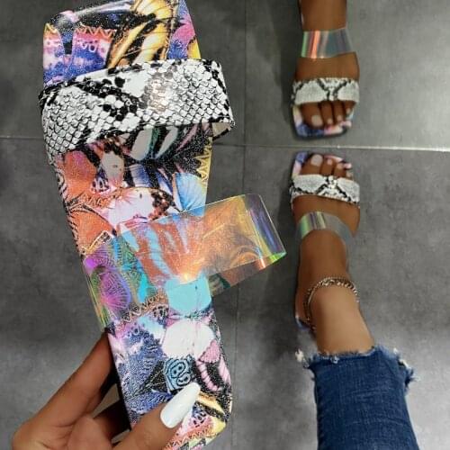 2021 Summer Women Slipper Animal Print Transparent Strap Flat Open Toe Ladies Shoes Casual Beach Slides Female Patchwork Sandal