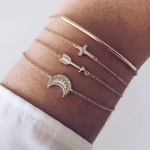 4 Pcs/ Set Vintage Crystal Cross Moon Arrow Geometry Women Bracelet Set Female Charm Jewelry Gifts