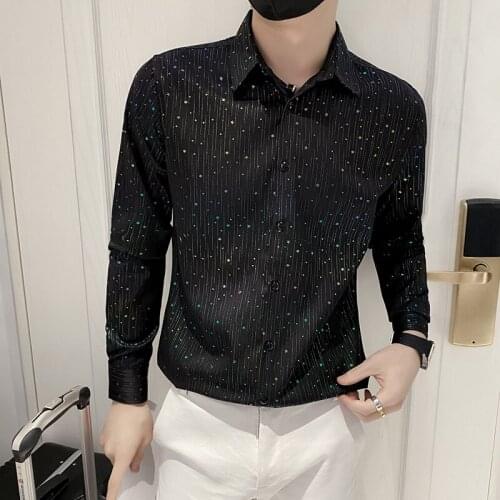 Color Rhinestone Mens Shirt Slim Streetwear Casual Shirt 2021 Autumn Fashion Social Party Nightclub Stage Singer Men Clothing