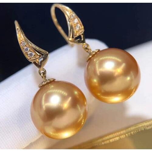 D914 Pearl Earrings Fine Jewelry Solid 18K Gold Round 10-11mm Nature Salt Sea Water Golden Pearls Drop Dangle Earrings for Women