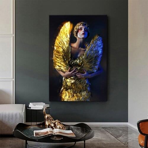 New Nordic Modern Living Room Figure Picture Atmosphere Gold Foil Wings Woman Poster Canvas Painting Wall Art Home Decoration