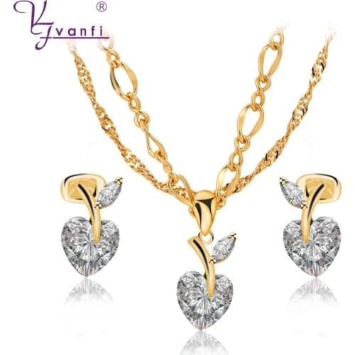 Kfvanfi Gold Color White Green Crystal Cubic Zirconia Heart Earrings Necklace Jewelry Set For Girlfriend Mother Women