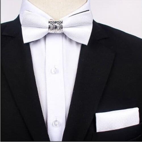 Ricnais Classic Black White Metal cored solid color matte Bow Tie Set Tie&handkerchief Wedding Business Party Gift Skinny Set
