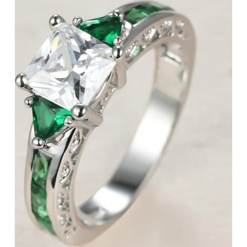 Classic Female White Square Crystal Ring Charm Silver Color Wedding Rings For Women Dainty Bride Green Zircon Engagement Ring