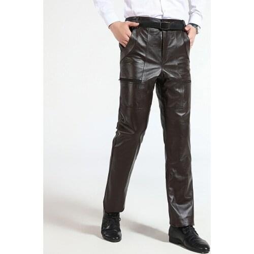 Brown Mens Luxury Cowskin Real Trousers Plus Size Loose Genuine Leather Man Zipper Cowhide Motorcycle Riding Pants