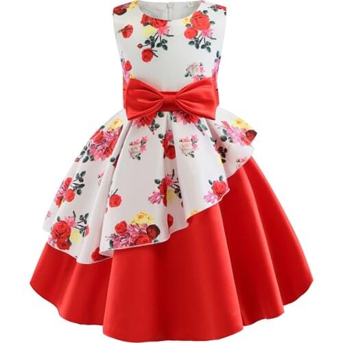 Red printed flower Bow girls dress sleeveles layered Kids Dresses for girls informal princess dress baby girls clothes vestidos
