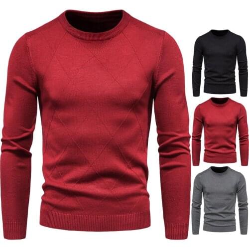 New autumn and winter mens sweaters mens round neck long-sleeved diamond check sweater mens bottoming shirt