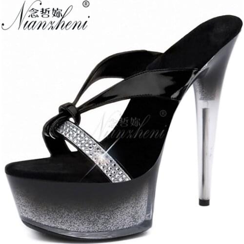 Thick platform Hollow Rhinestone Womens Slippers 15CM Super High heeled shoes 6 inches Crystal Gradient sole Elegant New style