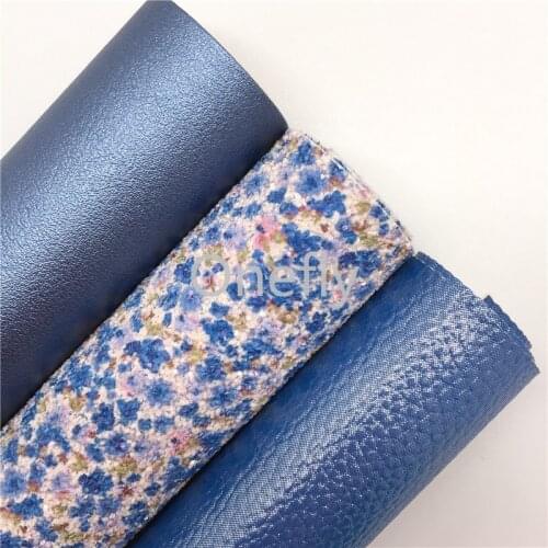 Onefly 21X29CM Blue Flowers Printed Glitter Fabric, Solid Synthetic Leather Sheets For Bow DIY handbags shoes AQ054