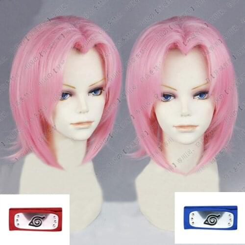 Naruto Haruno Sakura Short Cherry Pink Styled Hair With Headband Heat Resistant Cosplay Costume Wig + Wig Cap